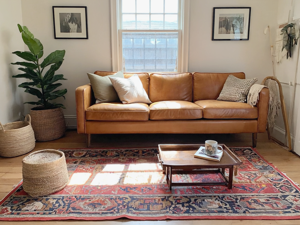 Sunlit living room with a warm leather couch, woven baskets, mismatched decor, and a lived-in feel — illustrating that a home doesn’t have to be perfect to feel right.